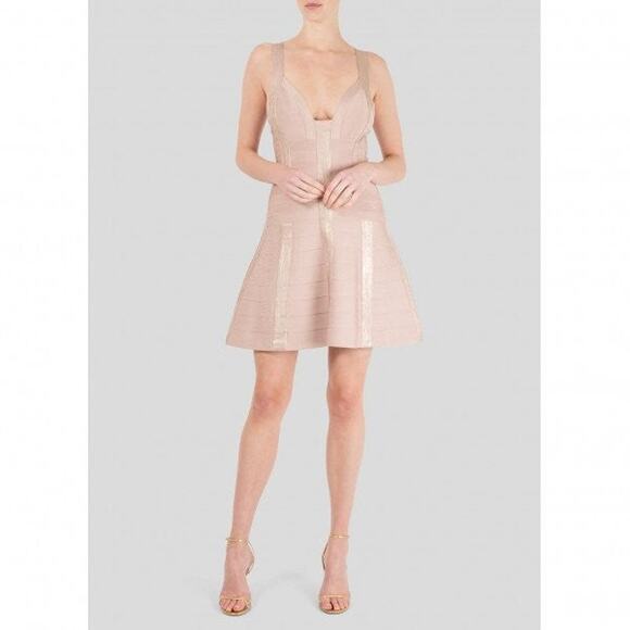 Herve Leger Shayla Foil Flared A Line Bandage Stretch Dress Rose Gold - XXS - Picture 1 of 4